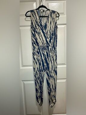 Ariella Sleeveless Navy and Tan Abstract Wrap Style Jumpsuit